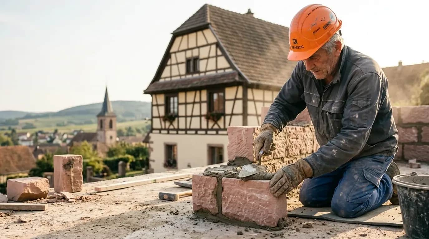 Maçon de la Maison Schmitt posant un bloc de grès des Vosges sur un chantier alsacien